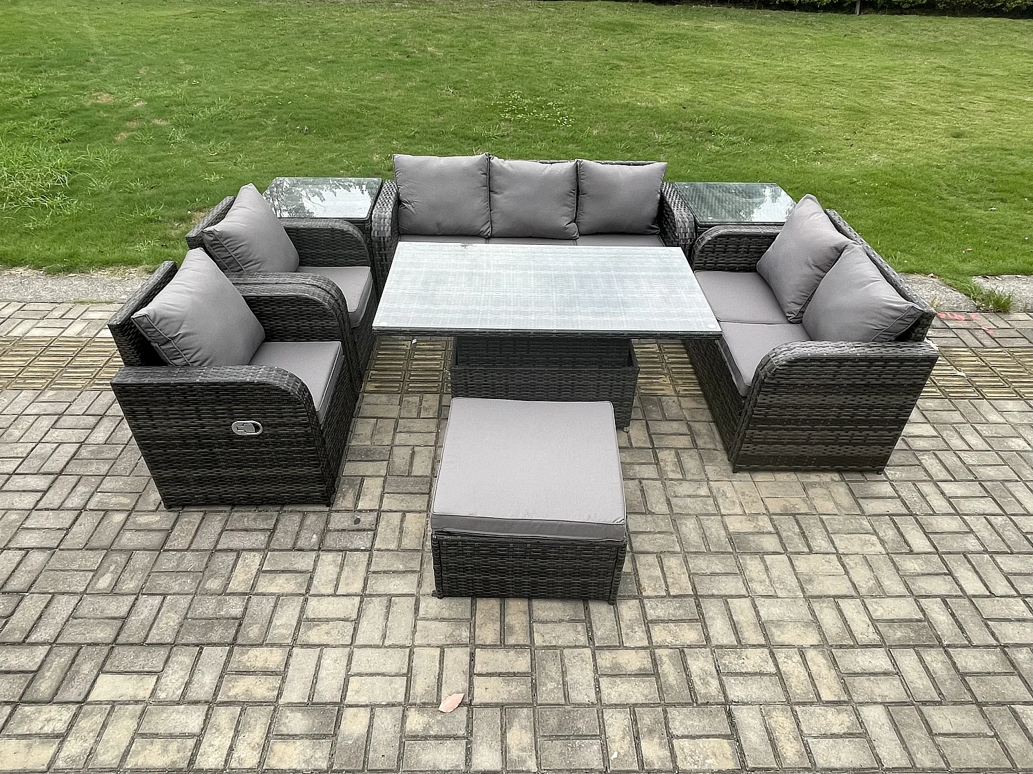Fimous Wicker PE Rattan Outdoor Garden Furniture Sets Height Adjustable Rising lifting Dining Table Set with 2 Side Tables Big Footstool