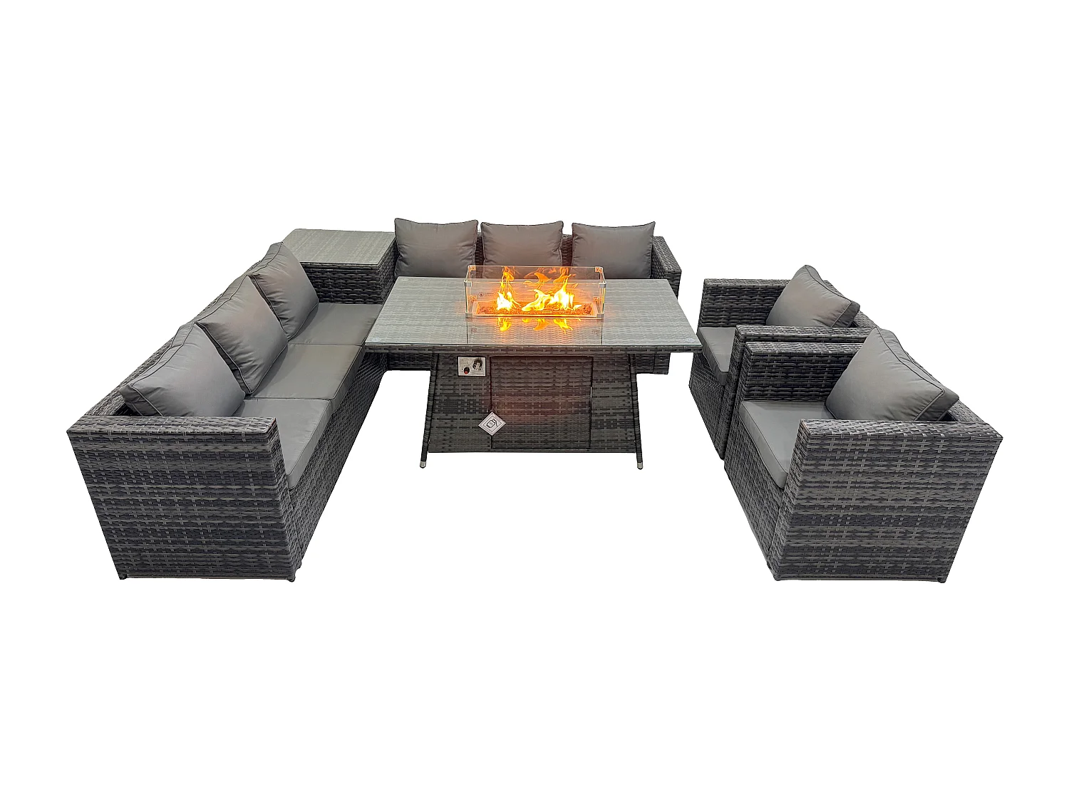 Fimous Outdoor Rattan Garden Corner Furniture Gas Fire Pit Dining Table Gas Heater Sets Lounge Chairs Side Table Dark Grey 8 Seater