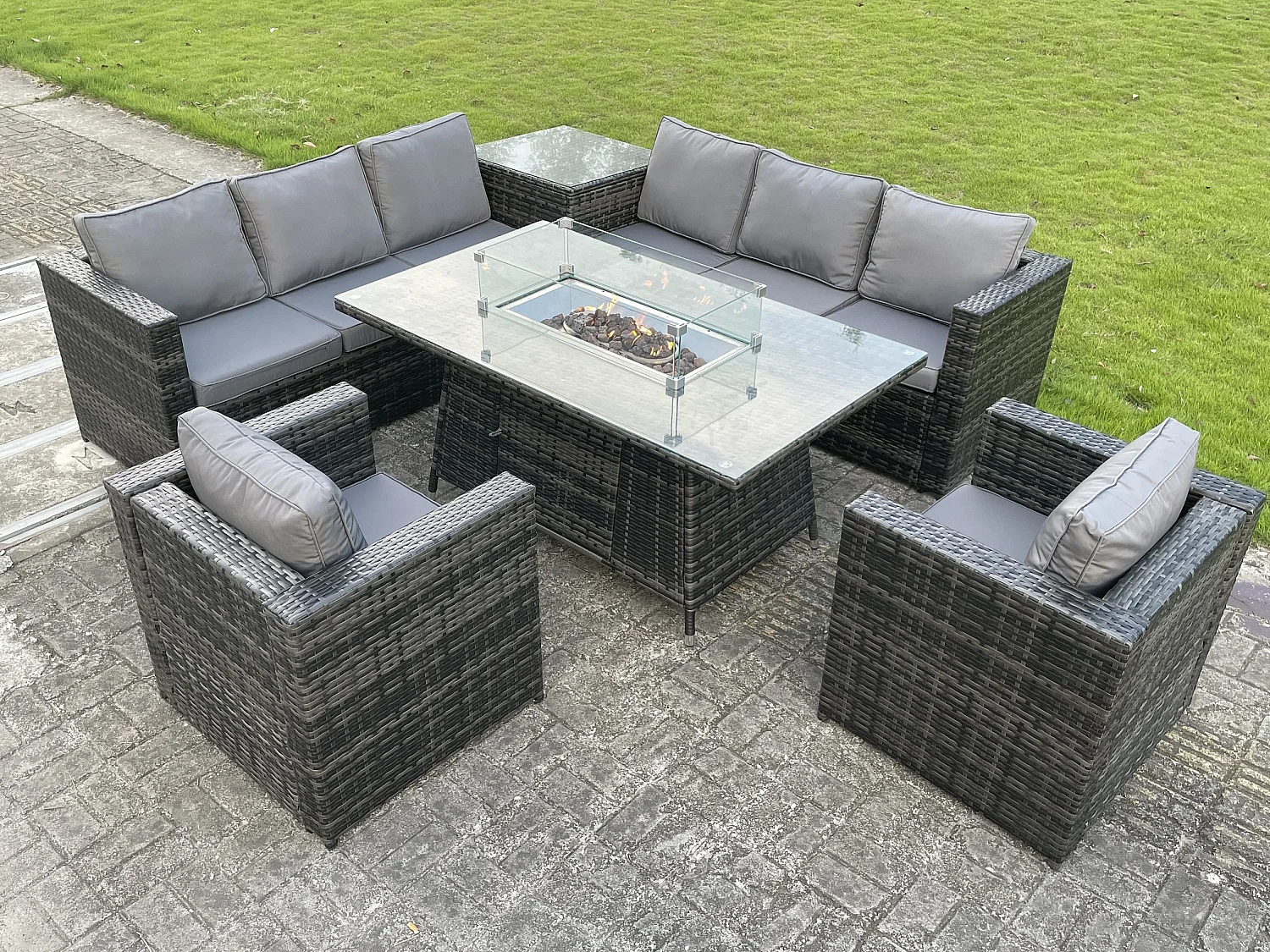 Fimous Outdoor Rattan Garden Corner Furniture Gas Fire Pit Dining Table Gas Heater Sets Lounge Chairs Side Table Dark Grey 8 Seater