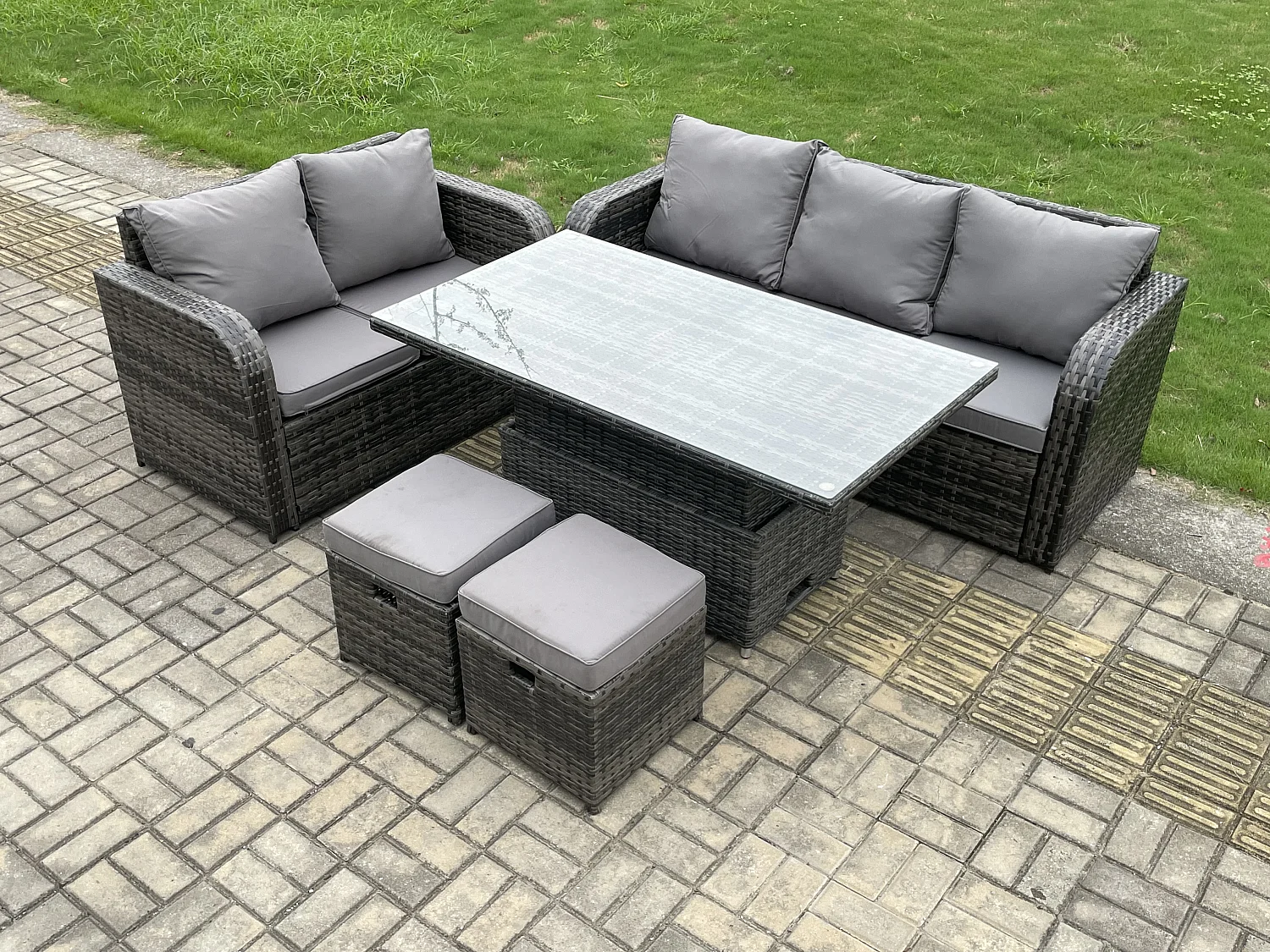 Fimous Outdoor Rattan Garden Furniture Sets Height Adjustable Rising lifting Dining Table Lounge Sofa Set With Love Sofa 2 Small Footstools Dark Grey Mixed