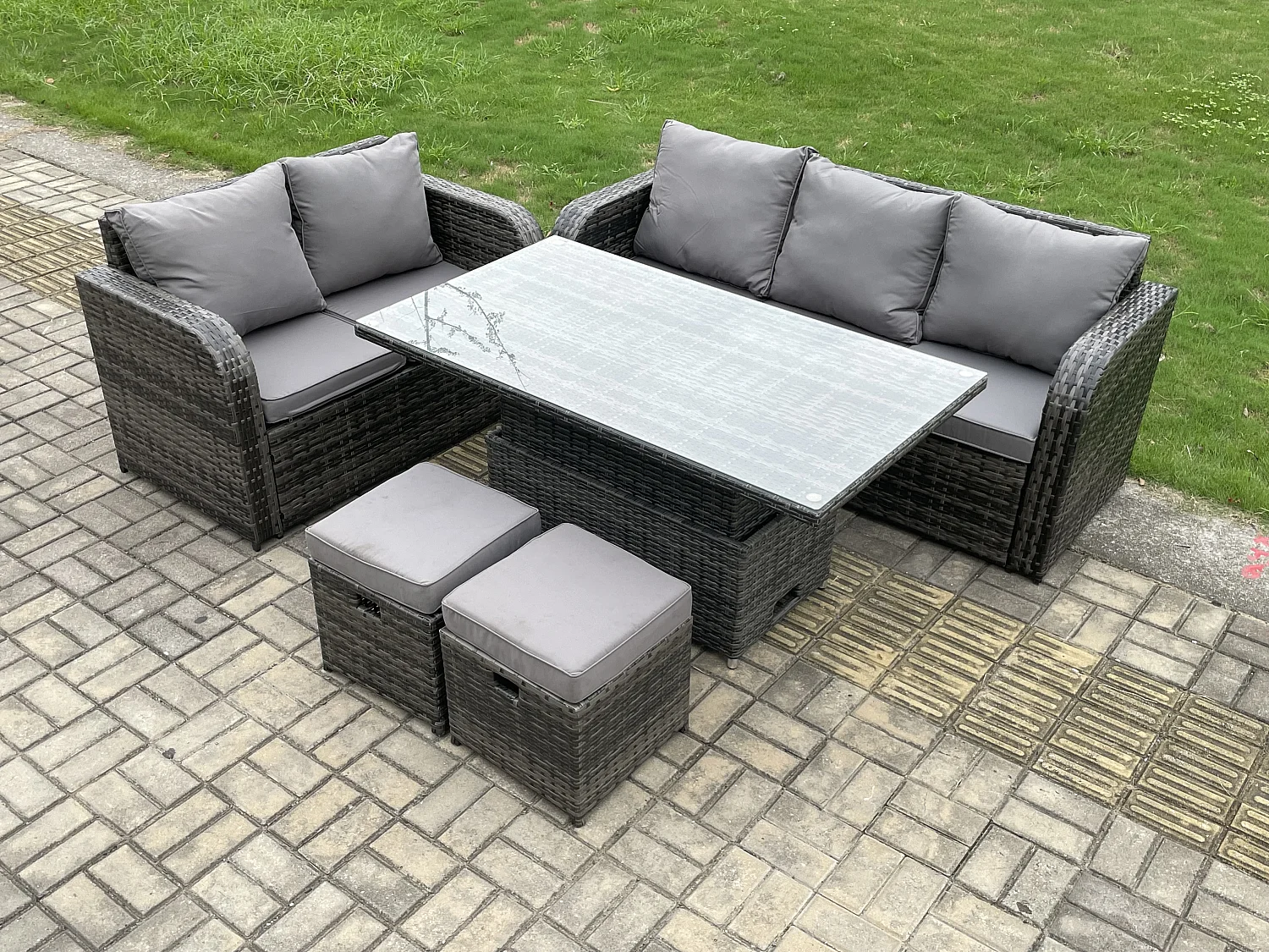 Fimous Outdoor Rattan Garden Furniture Sets Height Adjustable Rising lifting Dining Table Lounge Sofa Set With Love Sofa 2 Small Footstools Dark Grey Mixed