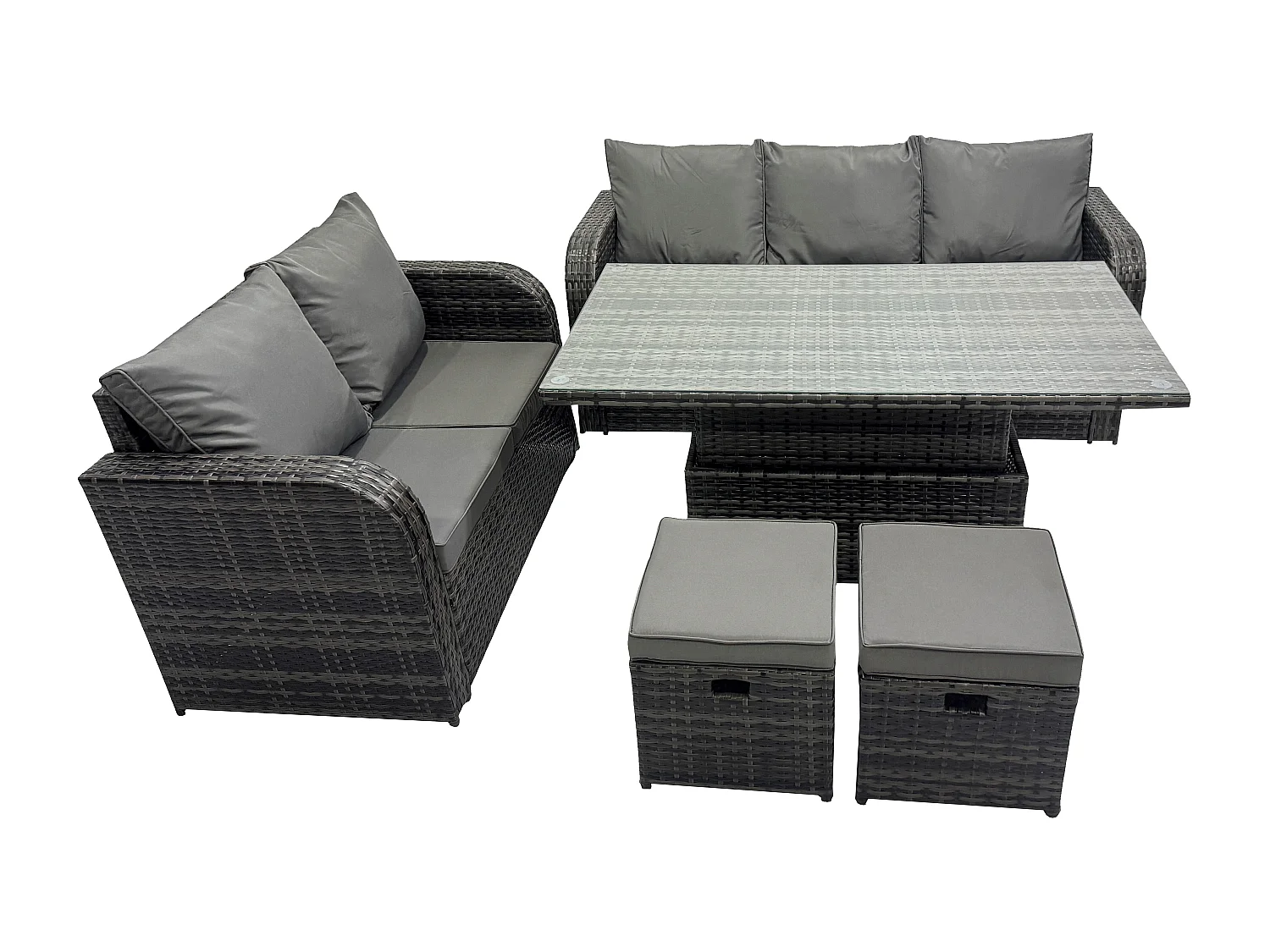 Fimous Outdoor Rattan Garden Furniture Sets Height Adjustable Rising lifting Dining Table Lounge Sofa Set With Love Sofa 2 Small Footstools Dark Grey Mixed