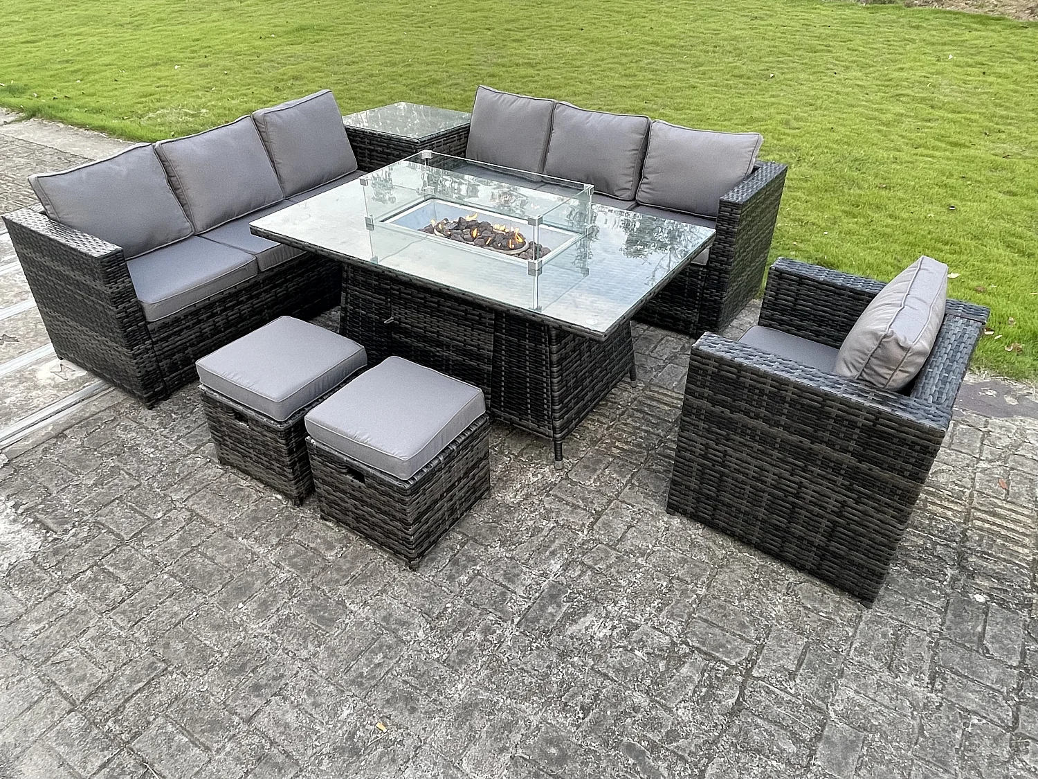 Meubles à manger de jardin PE Rotin ave canapé Table d'appoint Table de foyer à gaz 2 Tabourets Chaise Mélange gris foncé