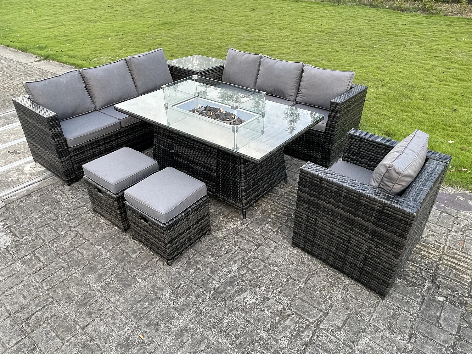 Fimous Outdoor Rattan Garden Corner Furniture Gas Fire Pit Table Sets Gas Heater Lounge Chair Small Footstool Dark Grey 9 Seater