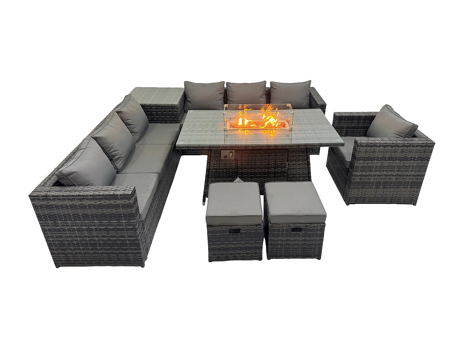 Fimous Outdoor Rattan Garden Corner Furniture Gas Fire Pit Table Sets Gas Heater Lounge Chair Small Footstool Dark Grey 9 Seater