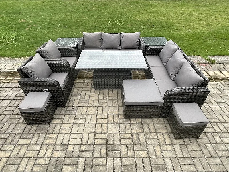 Ensemble de salle à manger jardin en rotin ave Table à manger réglable en hauteur 2 Chaises inclinable Canapé 3 Tabourets 2 Table d'appoint