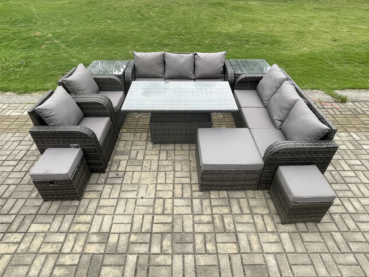 Fimous 11 Seater Rattan Outdoor Garden Furniture Sets Height Adjustable Rising lifting Dining Table Sofa Set with Reclining Chair 2 Side Tables