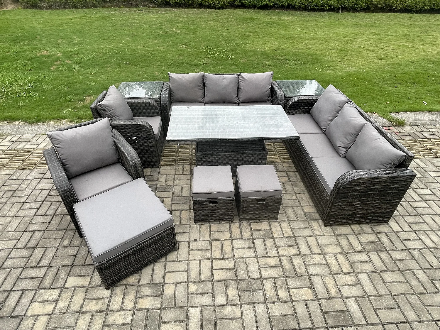 Fimous 11 Seater Rattan Outdoor Garden Furniture Sets Height Adjustable Rising lifting Dining Table Sofa Set with Reclining Chair 2 Side Tables