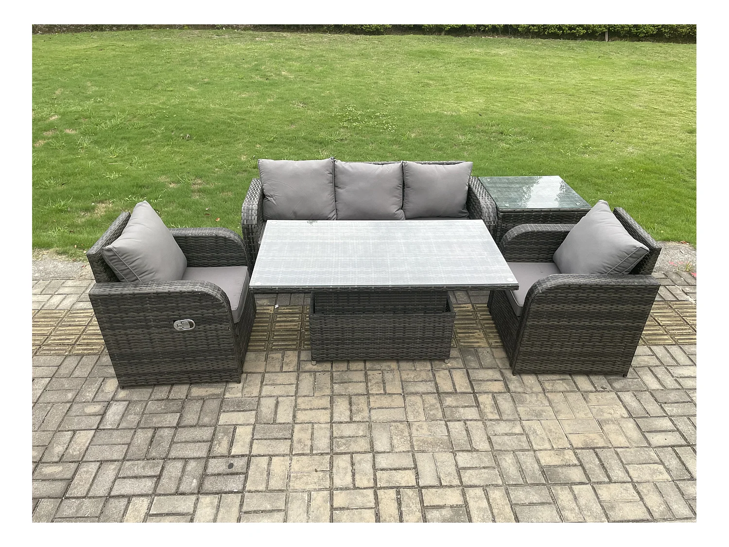 Ensemble de salle à manger jardin en rotin ave Table à manger réglable en hauteur 2 Chaises inclinable Canapé Mélange gris foncé
