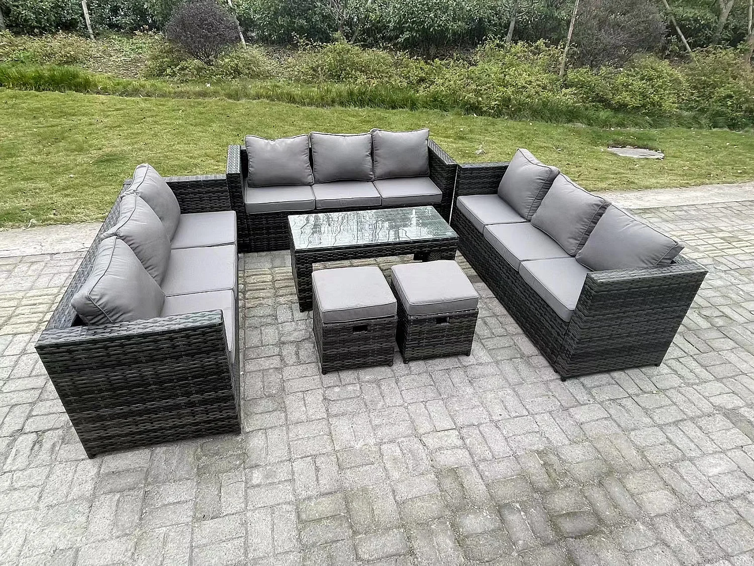 Fimous Outdoor Rattan Garden Furniture Lounge Sofa Set With Oblong Rectagular Coffee Table 2 Stools