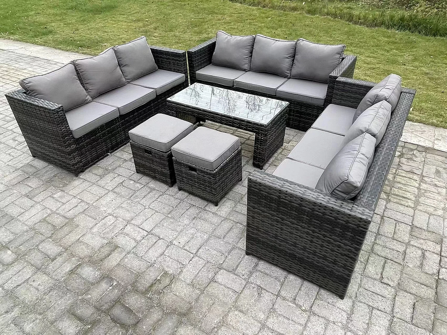 Fimous Outdoor Rattan Garden Furniture Lounge Sofa Set With Oblong Rectagular Coffee Table 2 Stools
