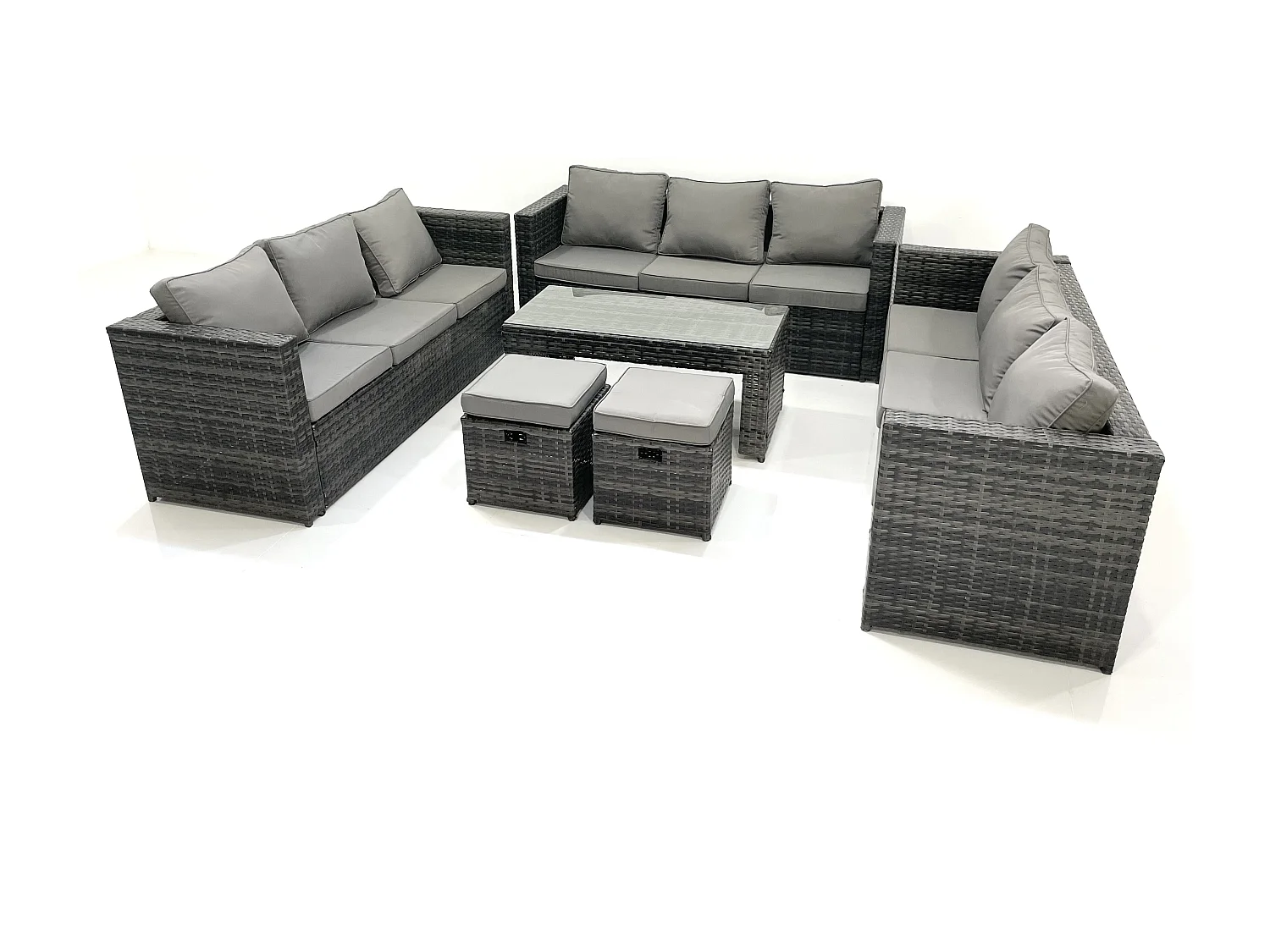 Fimous Outdoor Rattan Garden Furniture Lounge Sofa Set With Oblong Rectagular Coffee Table 2 Stools