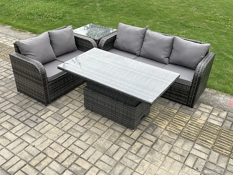 Rattan Gartensofa Set 5-Sitzer mit Einstellbare Höhe Esstisch sofa Beistelltisch Dunkelgrau gemischt