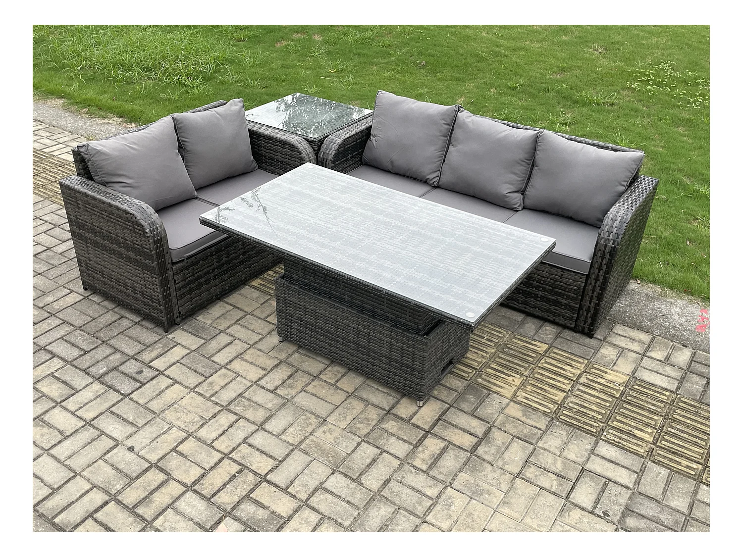 Rattan Gartensofa Set 5-Sitzer mit Einstellbare Höhe Esstisch sofa Beistelltisch Dunkelgrau gemischt