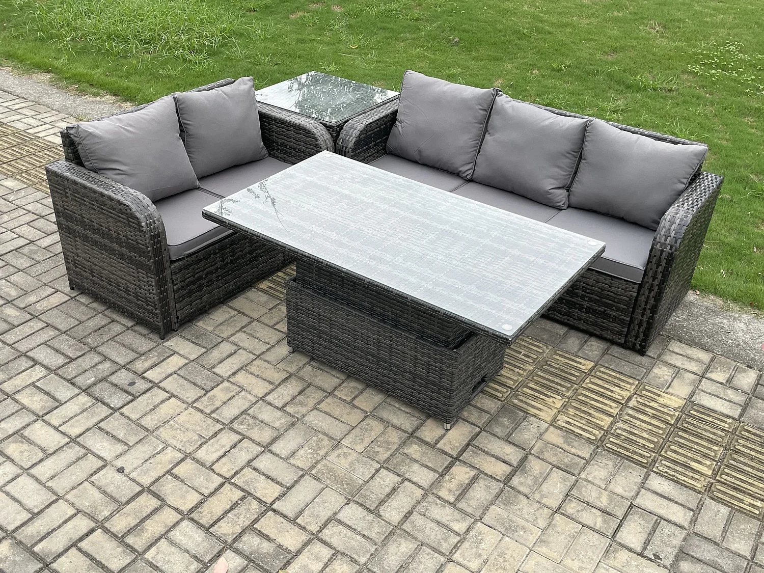 Mobilier À Dîner De Jardin 5 Places ave Table à manger réglable en hauteur Canapé Table d'appoint Mélange gris foncé