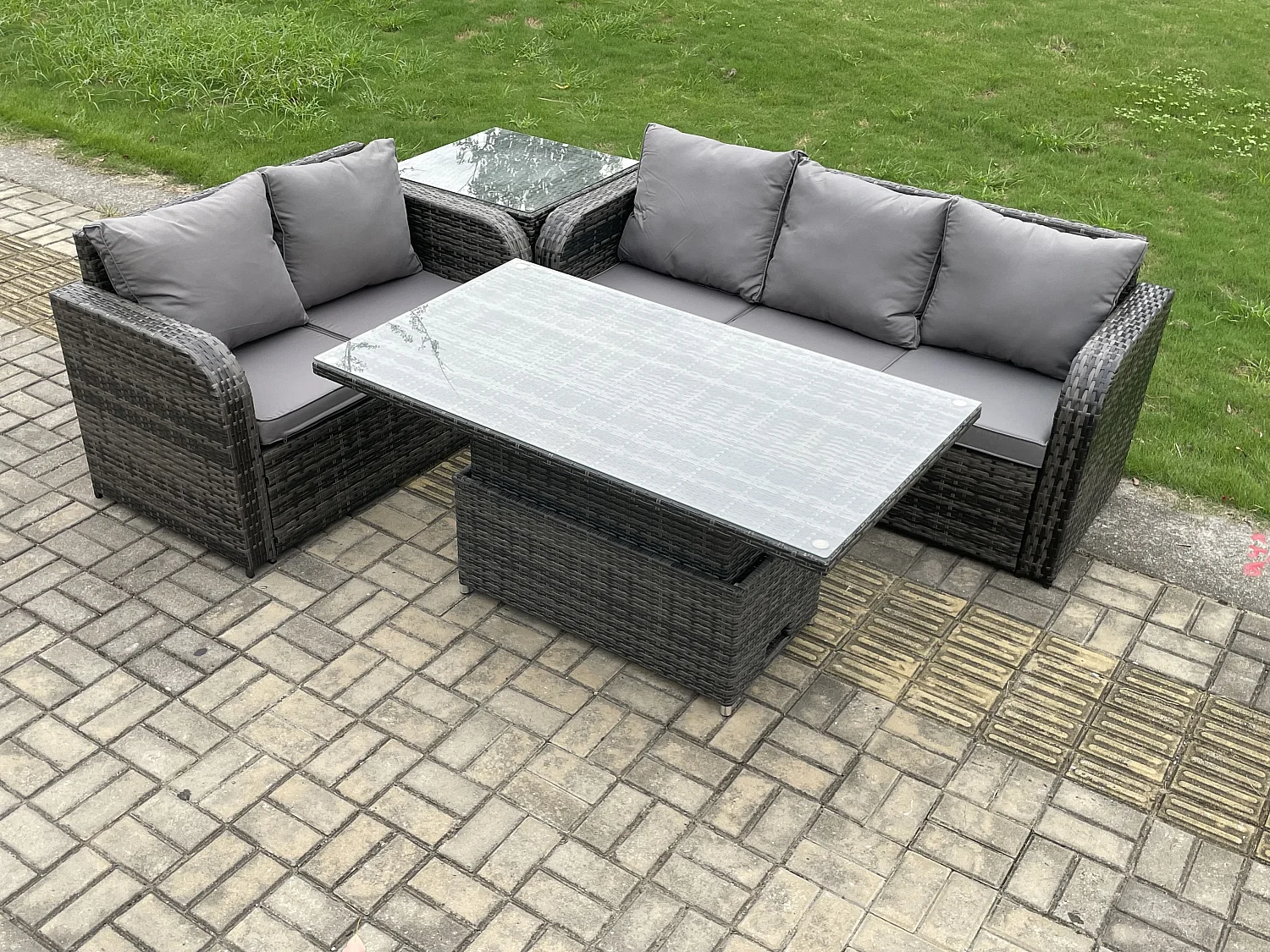 Fimous Outdoor Rattan Garden Furniture Sets Height Adjustable Rising lifting Dining Table Lounge Sofa Set With Side Table Dark Grey Mixed