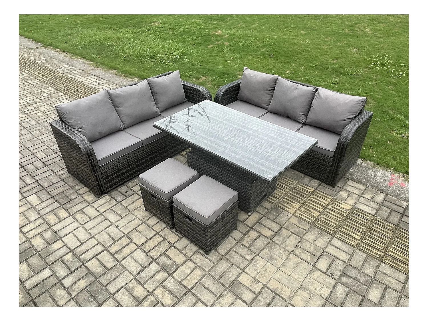 Gartenmöbel Lounge Set 8-Sitzer mit Einstellbare Höhe Esstisch sofa 3-Sitzer 2 Hocker Dunkelgrau gemischt