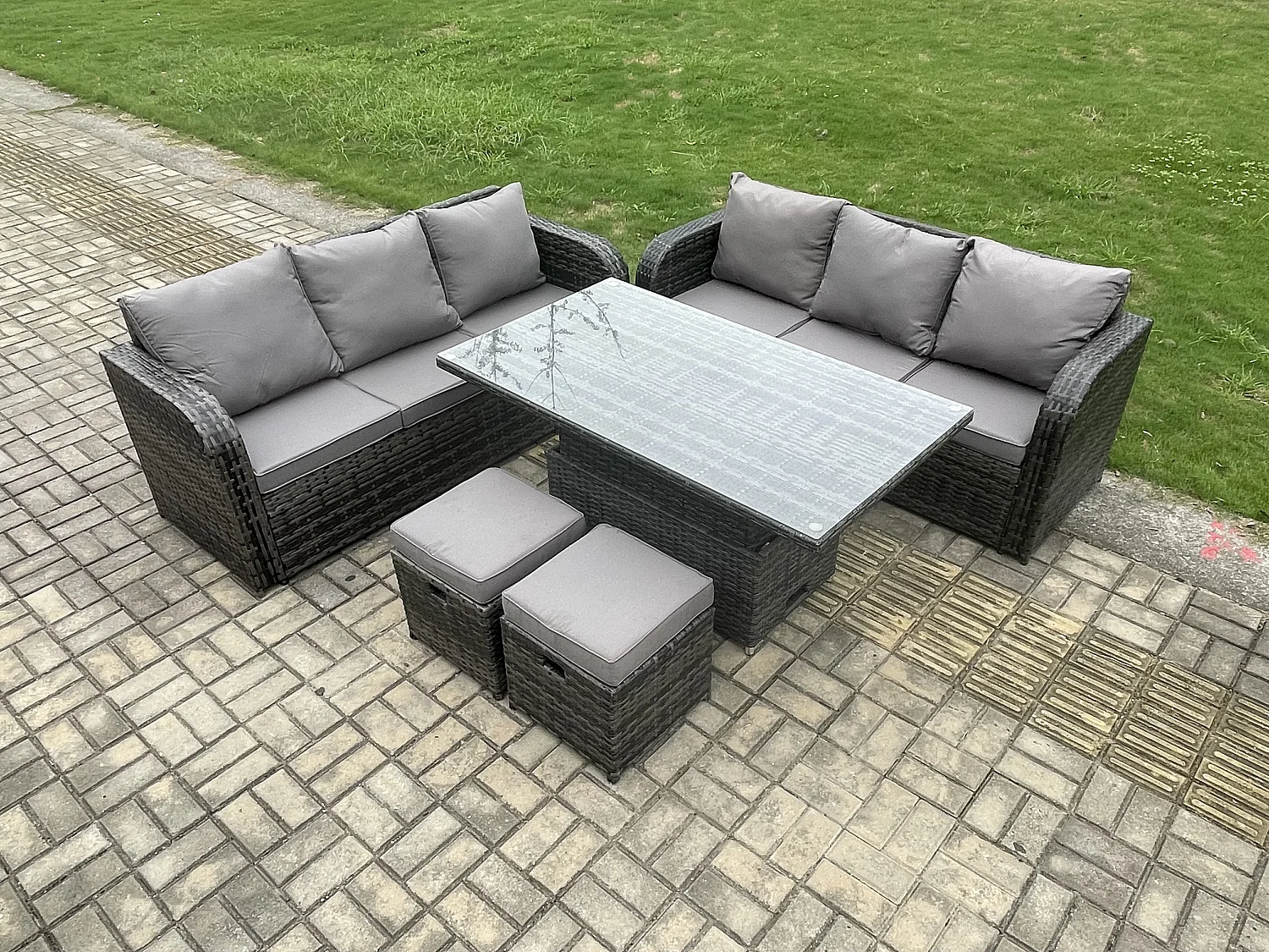 Fimous 8 Seater Outdoor Rattan Garden Furniture Sets Height Adjustable Rising lifting Dining Table Sofa Set with 2 Small Footstools Dark Grey Mixed