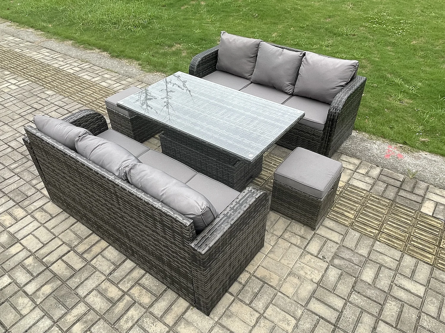 Fimous 8 Seater Outdoor Rattan Garden Furniture Sets Height Adjustable Rising lifting Dining Table Sofa Set with 2 Small Footstools Dark Grey Mixed