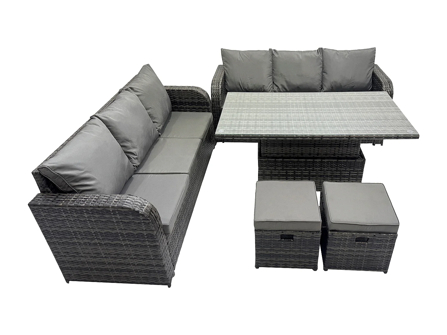 Fimous 8 Seater Outdoor Rattan Garden Furniture Sets Height Adjustable Rising lifting Dining Table Sofa Set with 2 Small Footstools Dark Grey Mixed