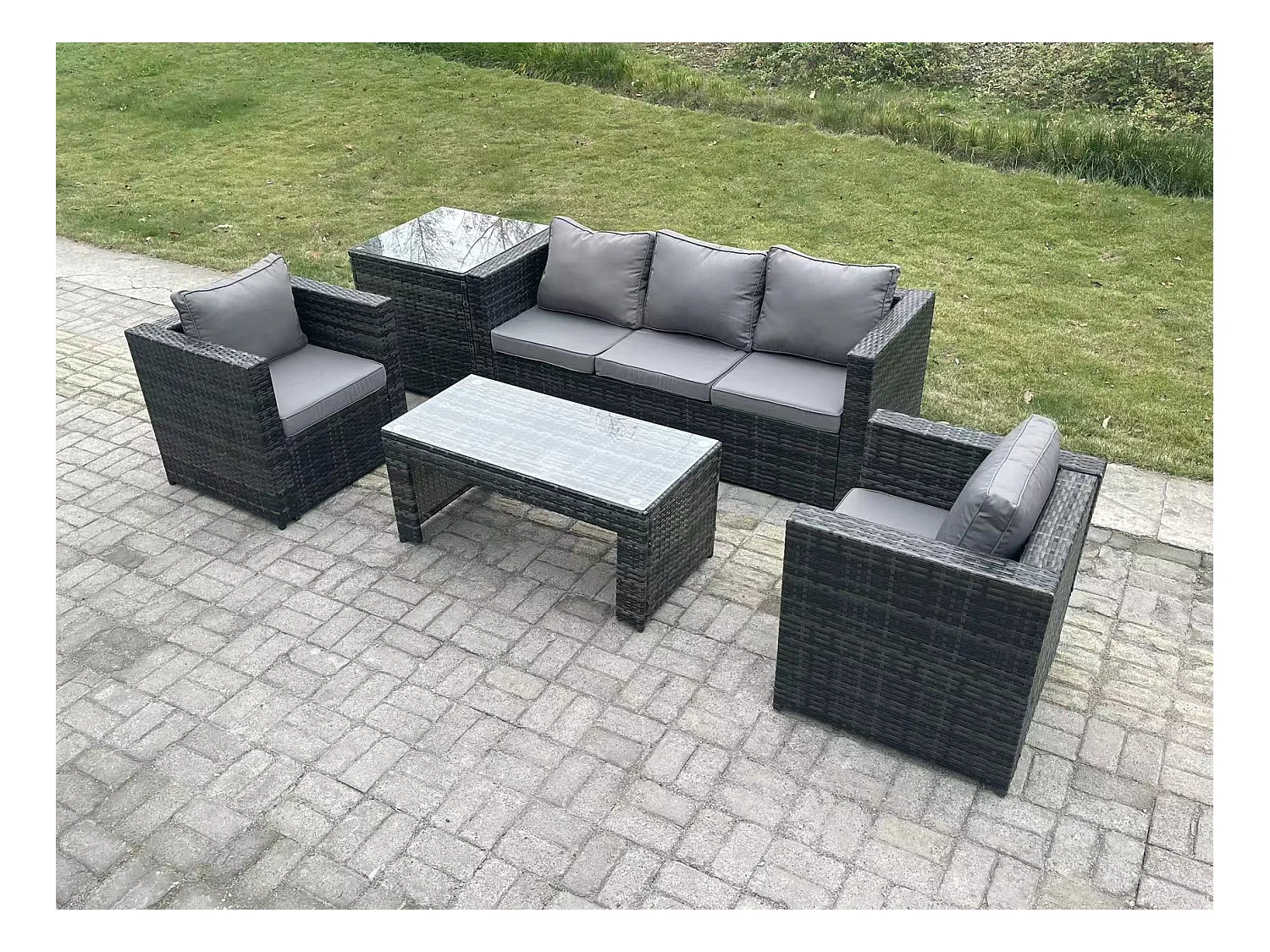 Meubles de jardin PE Rotin ave canapé Table basse Table d'appoint 2 Chaise Mélange gris foncé