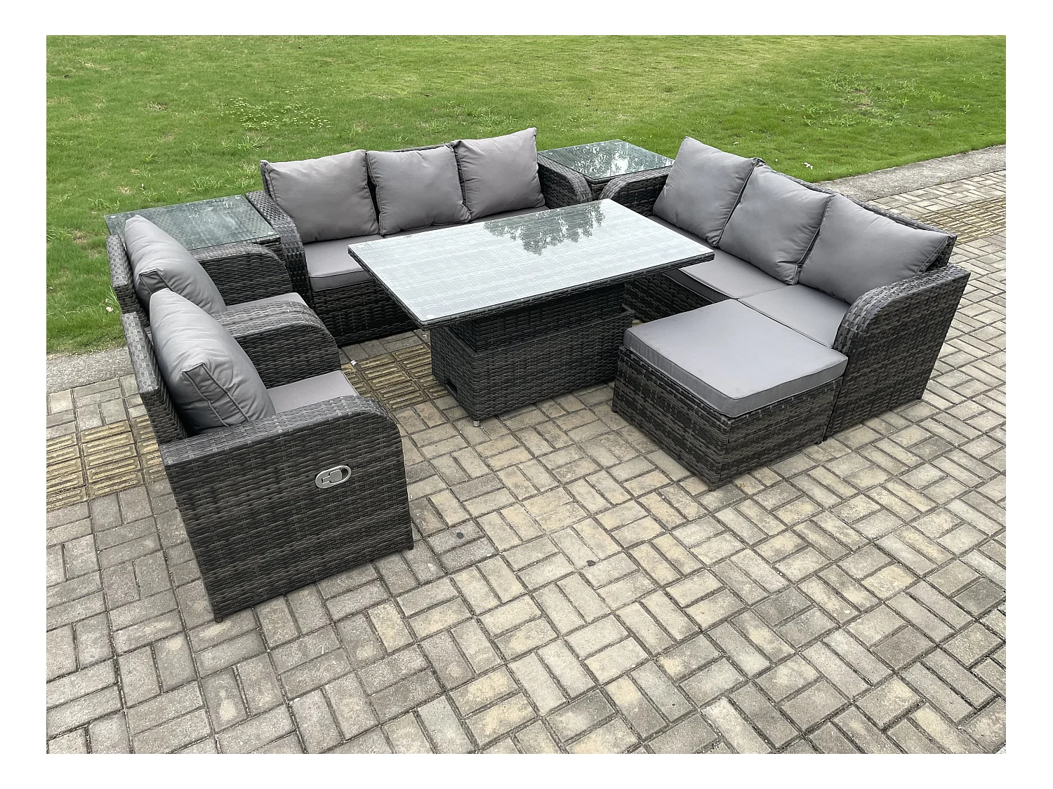 Polyrattan Gartenmöbel Set mit Einstellbare Höhe Esstisch 2 Liegestuhl sofa Hocker 2 Beistelltisch