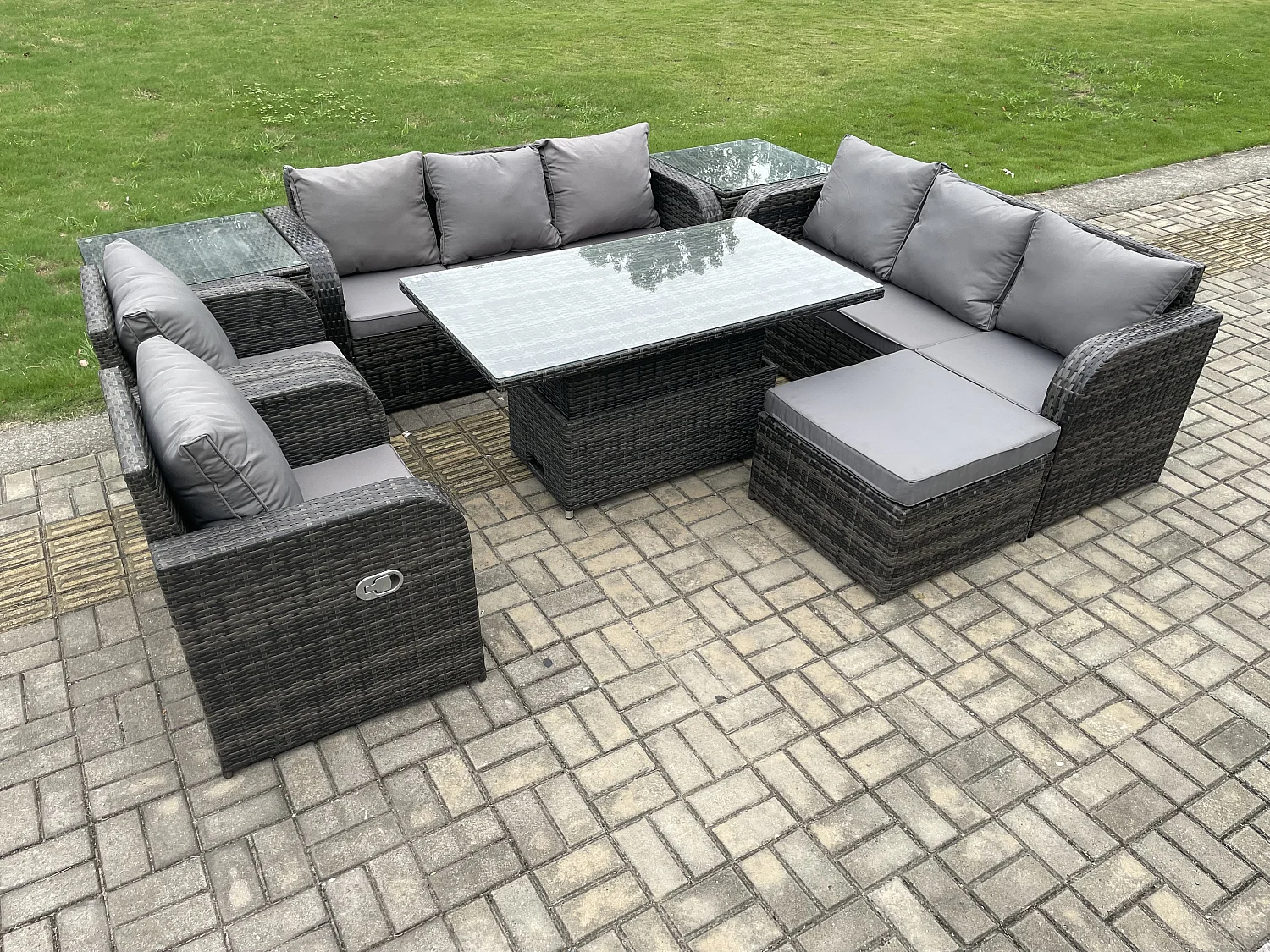 Fimous Rattan Outdoor Garden Furniture Sets Height Adjustable Rising lifting DiningTable Sofa Set with Reclining Chair 2 Side Table Big Footstool Dark Grey Mixed