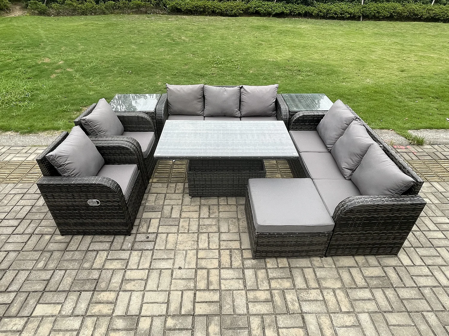 Fimous Rattan Outdoor Garden Furniture Sets Height Adjustable Rising lifting DiningTable Sofa Set with Reclining Chair 2 Side Table Big Footstool Dark Grey Mixed