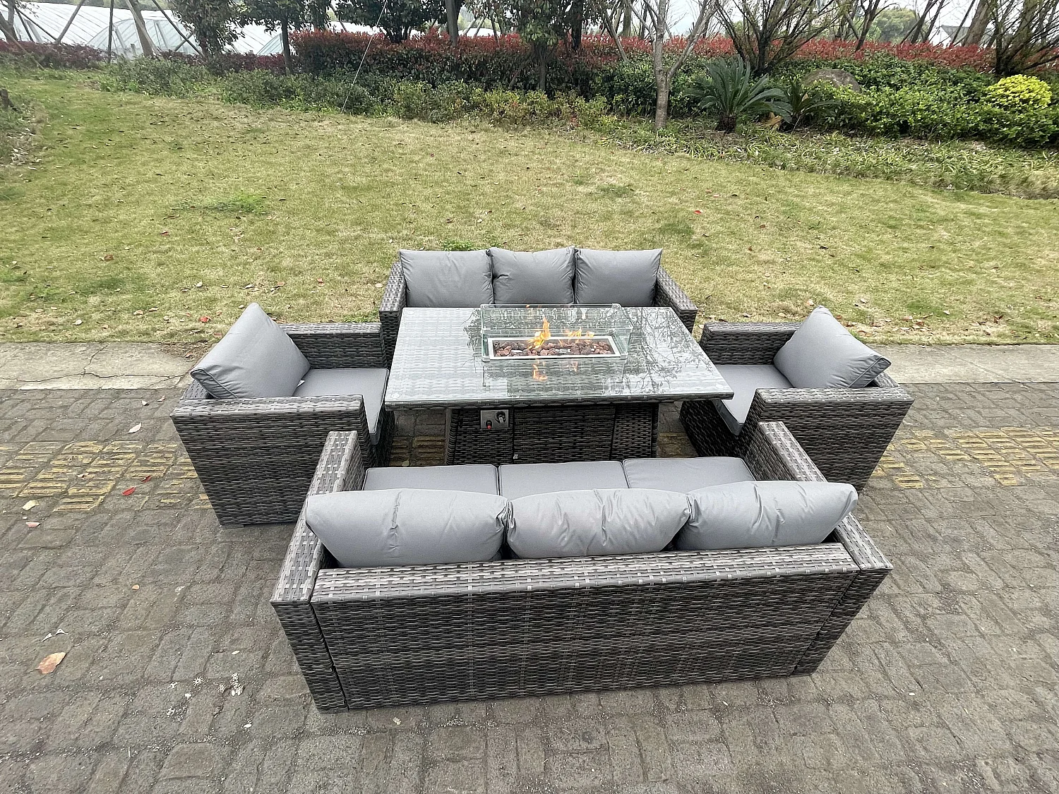 Fimous 8 Seater Outdoor PE Rattan Garden Furniture Gas Fire Pit Dining Table Set Lounge Sofa 2 PC Armchairs Dark Grey Mixed Patio