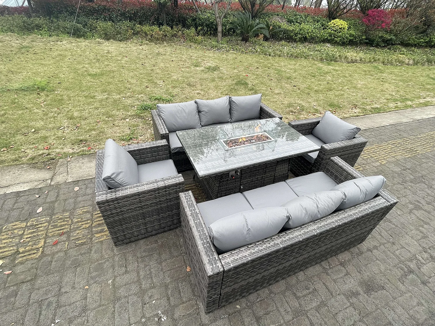 Fimous 8 Seater Outdoor PE Rattan Garden Furniture Gas Fire Pit Dining Table Set Lounge Sofa 2 PC Armchairs Dark Grey Mixed Patio