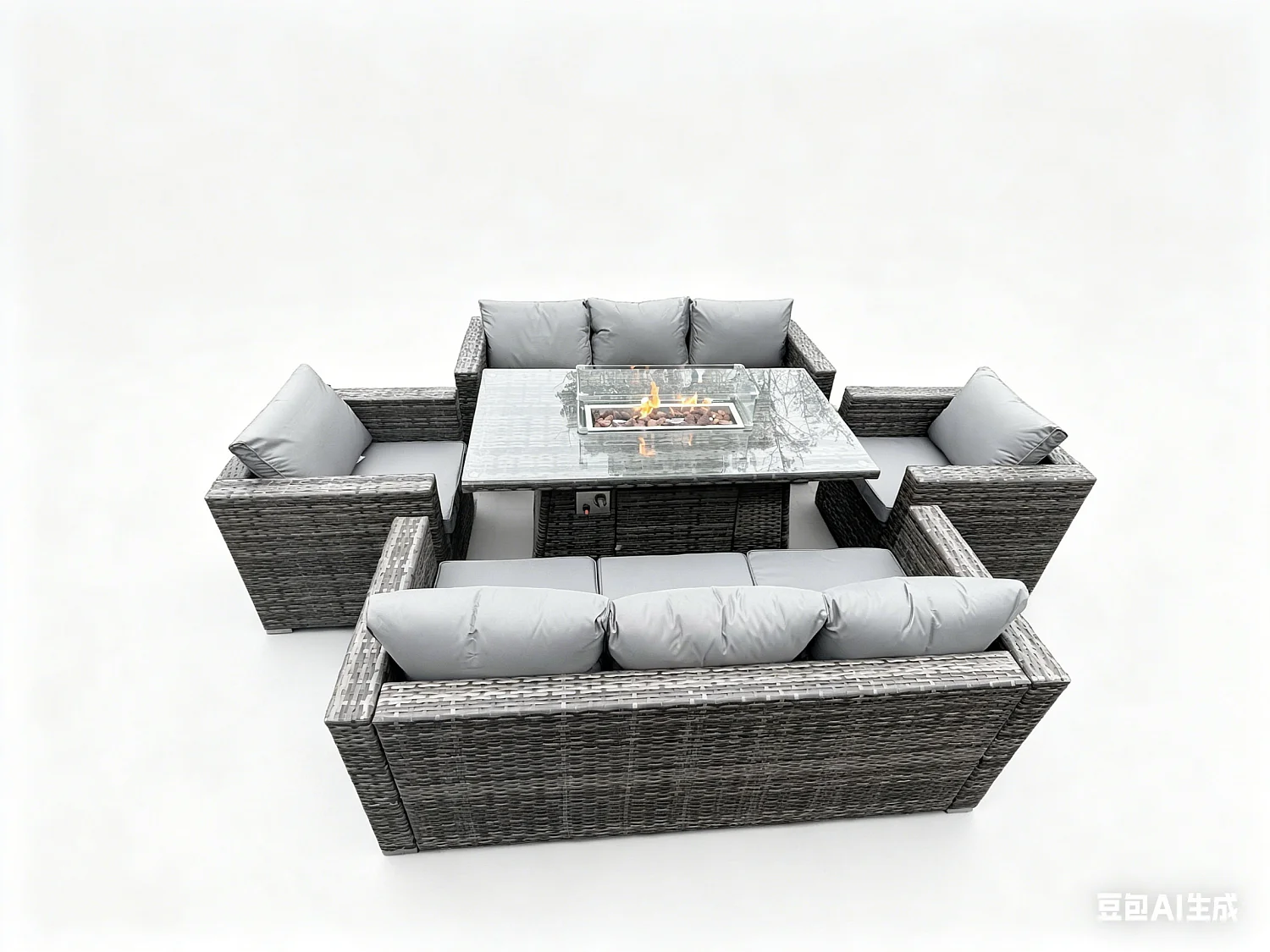 Fimous 8 Seater Outdoor PE Rattan Garden Furniture Gas Fire Pit Dining Table Set Lounge Sofa 2 PC Armchairs Dark Grey Mixed Patio