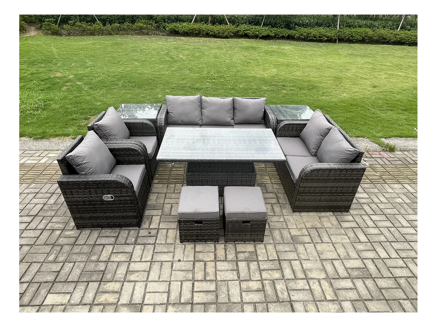 Ensemble de salle à manger jardin en rotin ave Table à manger réglable en hauteur 2 Chaises inclinable Canapé d'amour 2 Tabourets 2 Table d'appoint