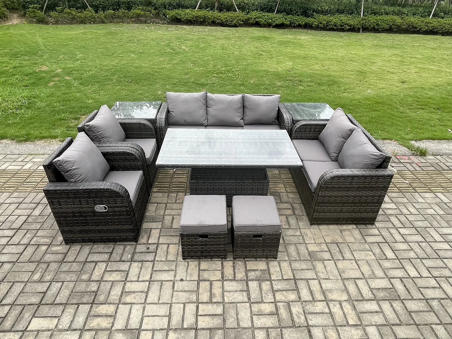 Fimous Wicker PE Rattan Outdoor Garden Furniture Sets Height Adjustable Rising lifting Dining Table Reclining Chair Sofa Set with 2 Small Footstools