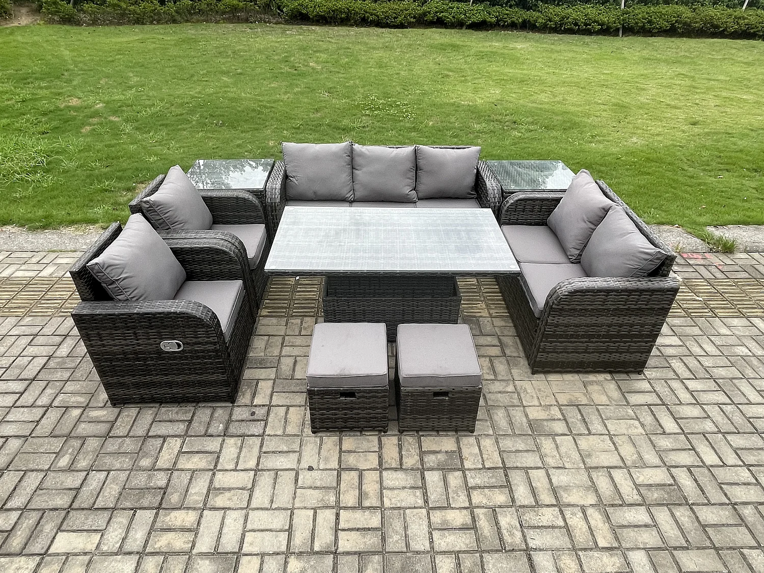 Fimous Wicker PE Rattan Outdoor Garden Furniture Sets Height Adjustable Rising lifting Dining Table Reclining Chair Sofa Set with 2 Small Footstools