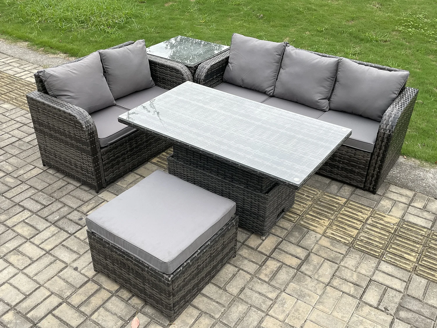 Fimous 6 Seater Outdoor Rattan Garden Furniture Sets Height Adjustable Rising lifting Dining Table Lounge Sofa Set With Side Table Big Footstool Dark Grey Mixed