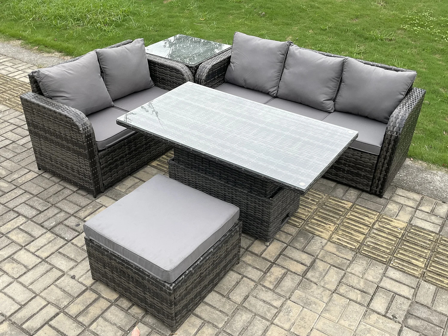 Fimous 6 Seater Outdoor Rattan Garden Furniture Sets Height Adjustable Rising lifting Dining Table Lounge Sofa Set With Side Table Big Footstool Dark Grey Mixed