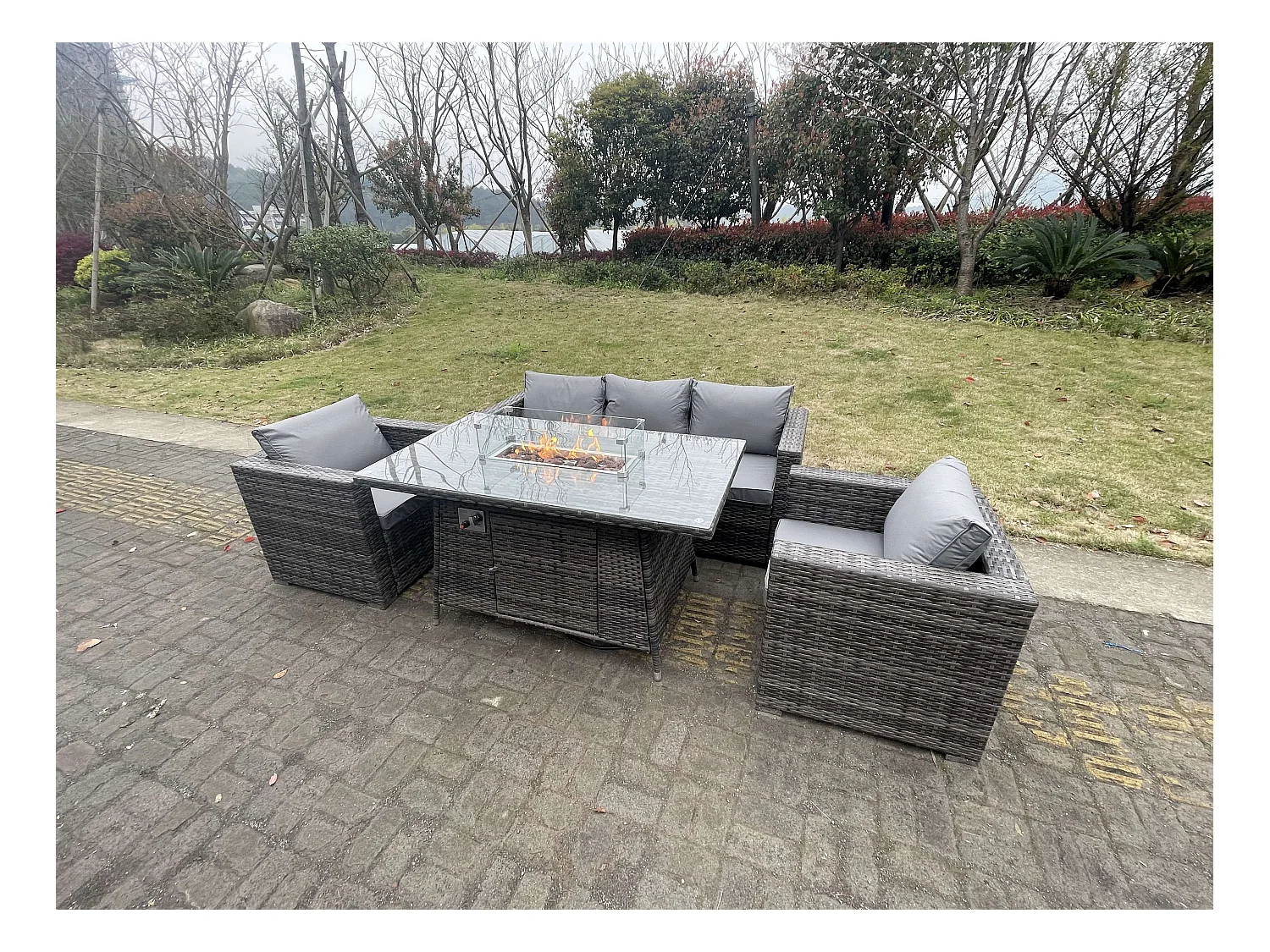 Meubles à manger de jardin PE Rotin 4 Places ave canapé Table de foyer à gaz 2 Chaise Mélange gris foncé