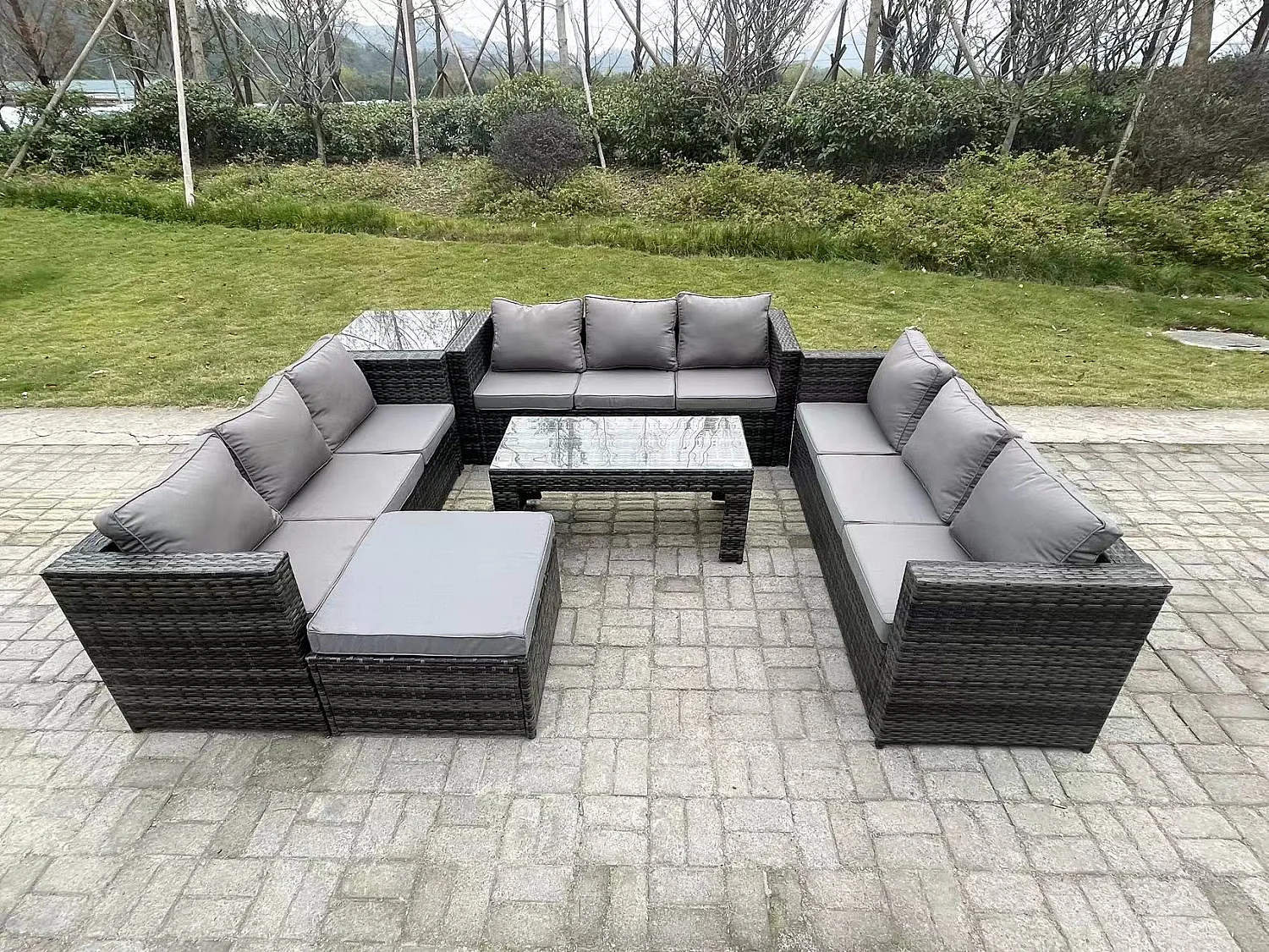 Ensemble de meubles de jardin en rotin ave canapé Table basse Table d'appoint Grand Tabourets Mélange gris foncé