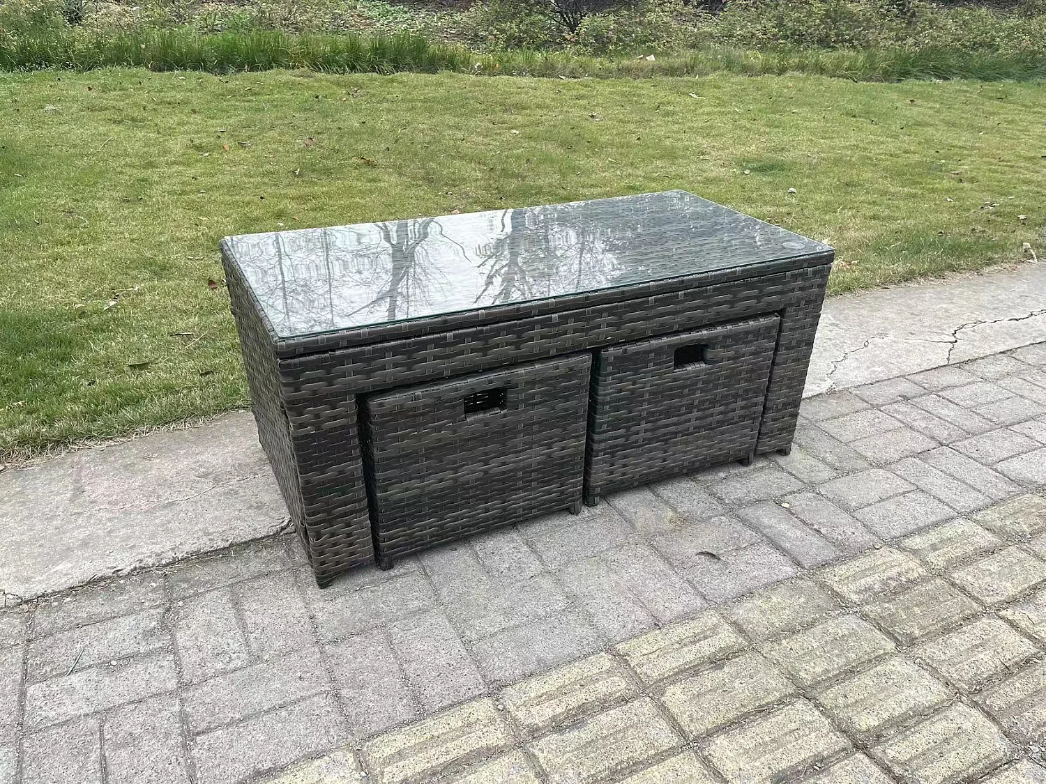 Meubles de jardin Polyrattan mit sofa Couchtisch 2 Chaise 2 Hocker Dunkelgrau gemischt