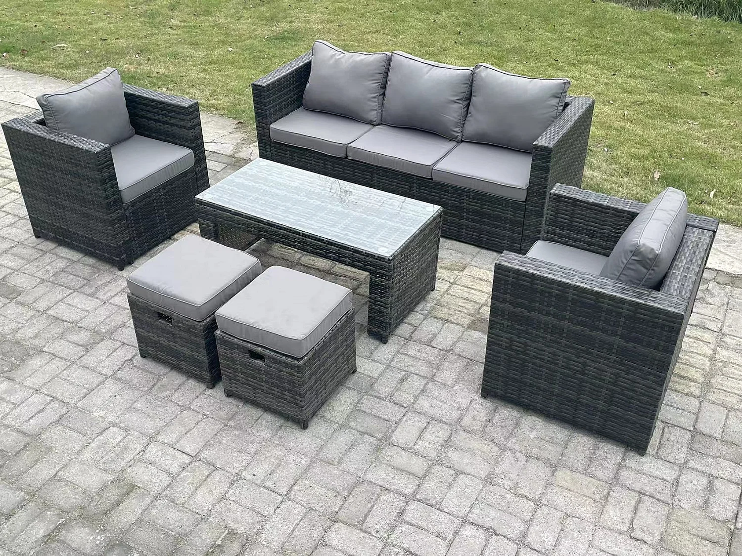 Fimous Lounge Rattan Sofa Set Outdoor Garden Furniture Oblong Rectangular Coffee Table With 2 Chairs 2 Stools