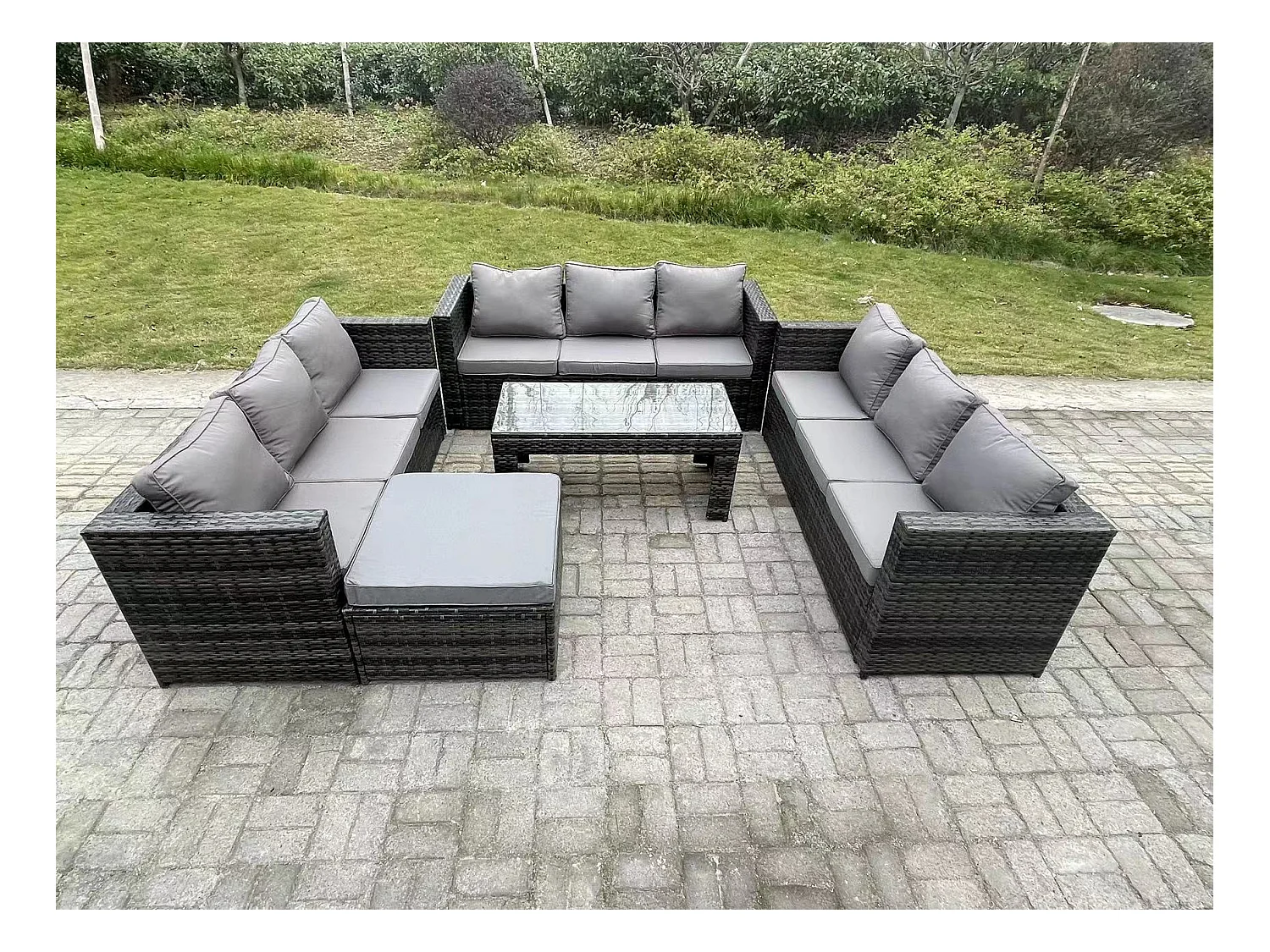 Mobilier de jardin extérieur 10 Places ave canapé Table basse Grand Tabourets Mélange gris foncé