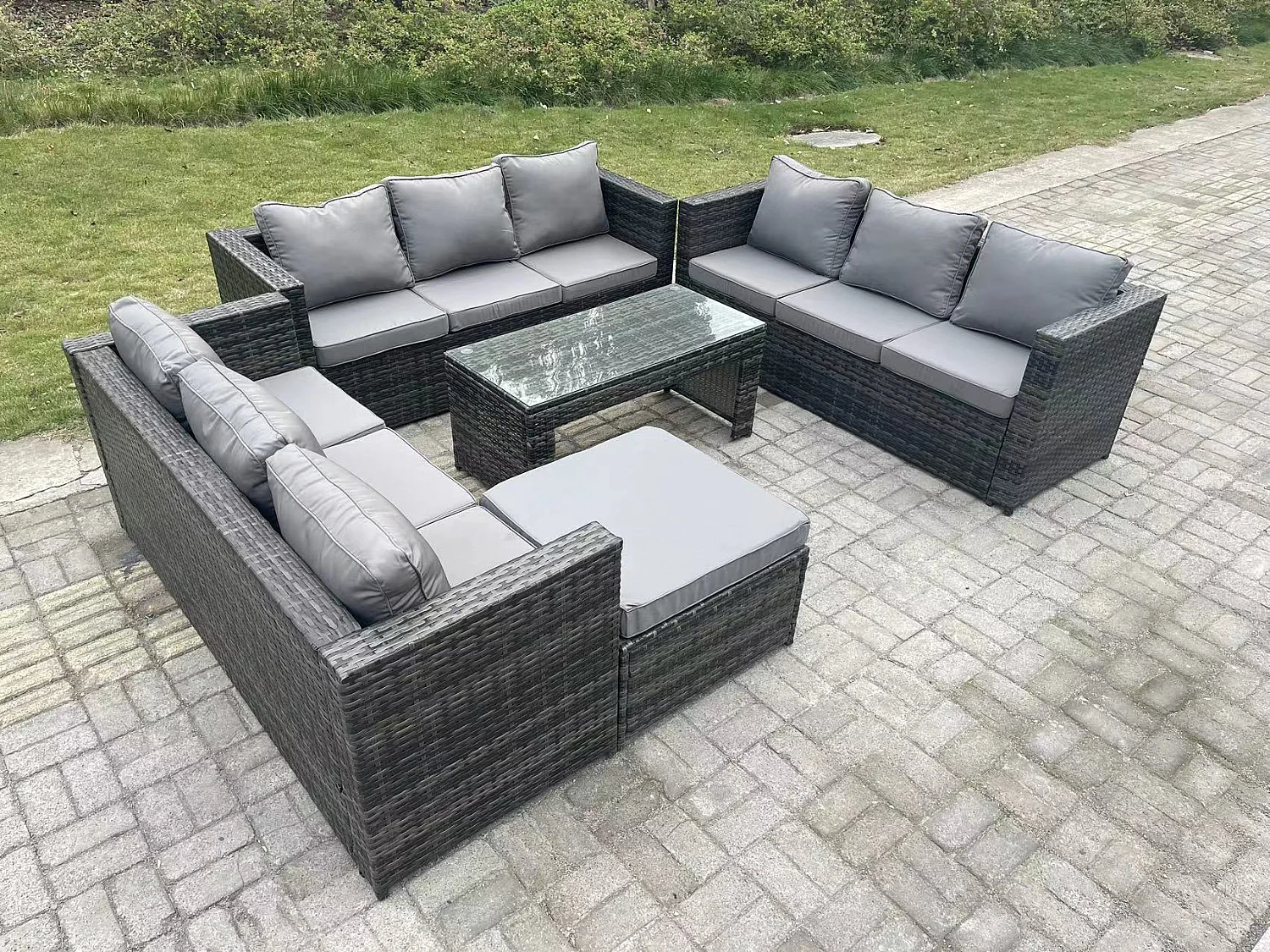 Fimous Outdoor Rattan Garden Furniture Lounge Sofa Set With Oblong Rectagular Coffee Table Big Footstool