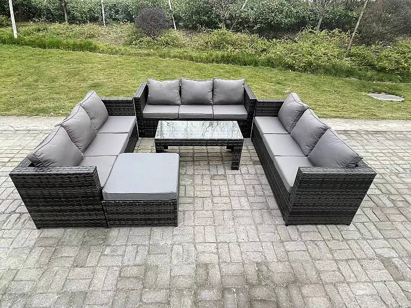 Rattan Gartenmöbel Set 10-Sitzer mit sofa Couchtisch Grand Hocker Dunkelgrau gemischt