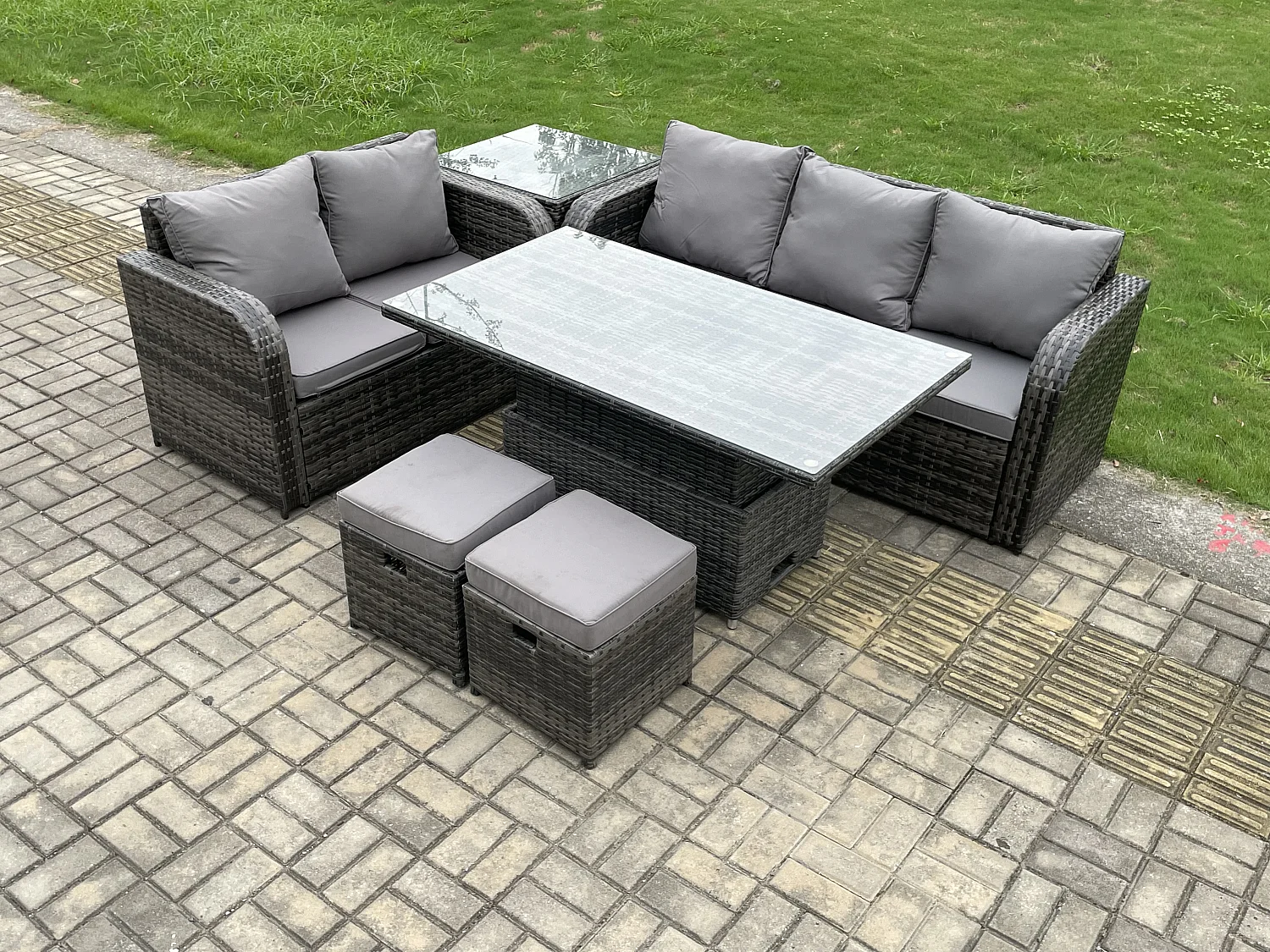 Fimous Outdoor Rattan Garden Furniture Sets Height Adjustable Rising lifting Dining Table Lounge Sofa Set With Side Table 2 Small Footstools Dark Grey Mixed