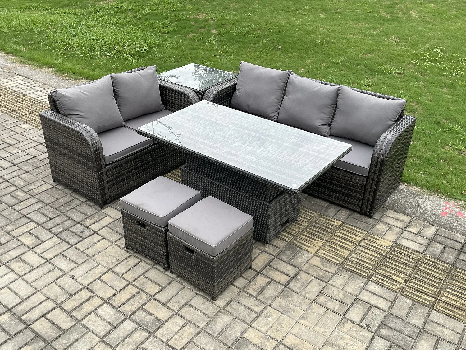 Fimous Outdoor Rattan Garden Furniture Sets Height Adjustable Rising lifting Dining Table Lounge Sofa Set With Side Table 2 Small Footstools Dark Grey Mixed