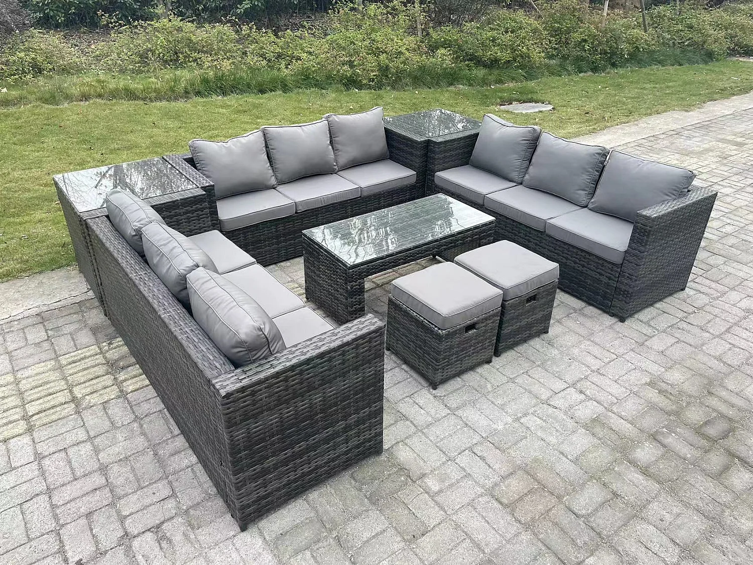 Ensemble de meubles de jardin ave canapé Table basse 2 Table d'appoint 2 Tabourets PE Rotin Mélange gris foncé