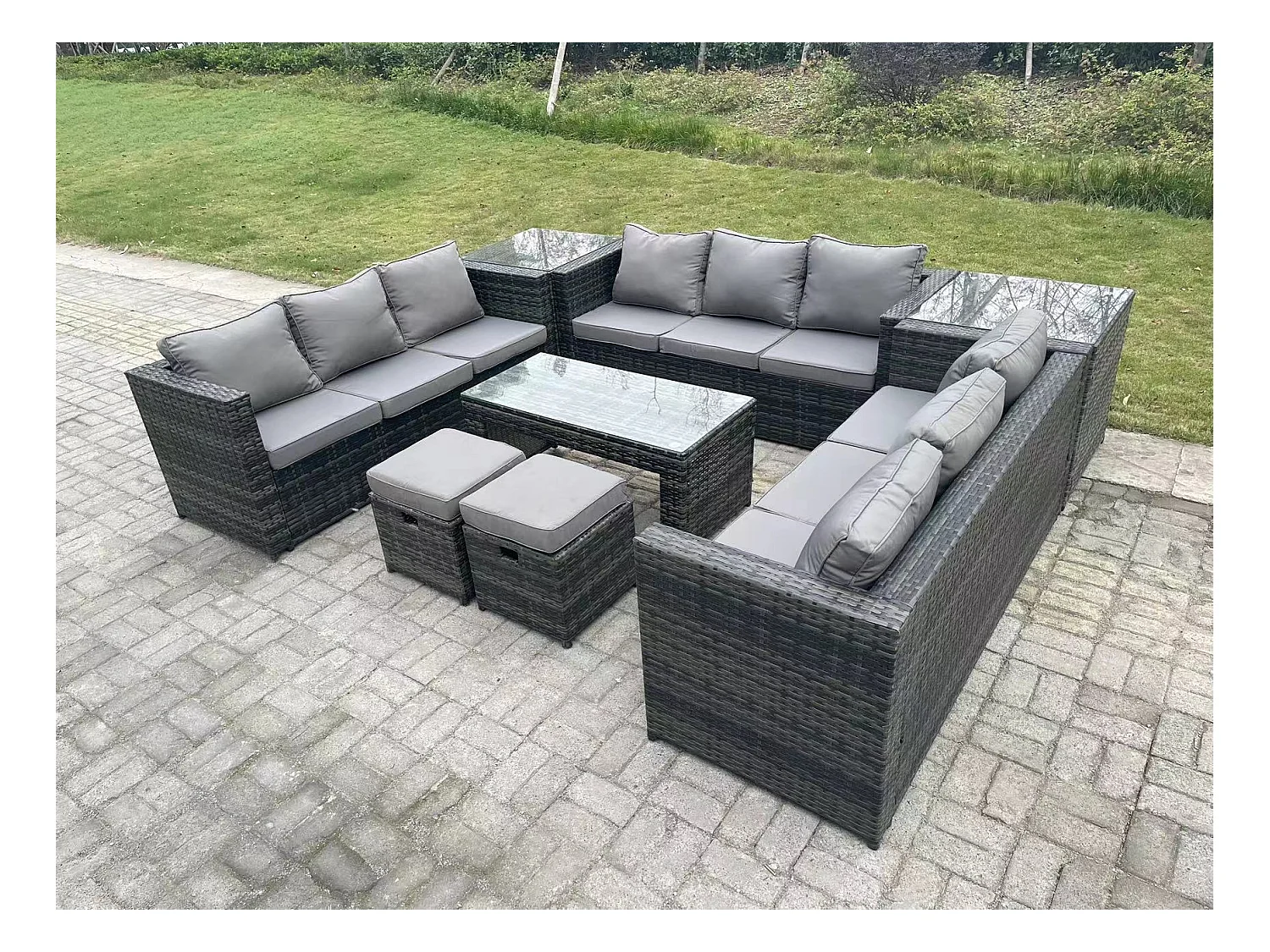 Ensemble de meubles de jardin ave canapé Table basse 2 Table d'appoint 2 Tabourets PE Rotin Mélange gris foncé