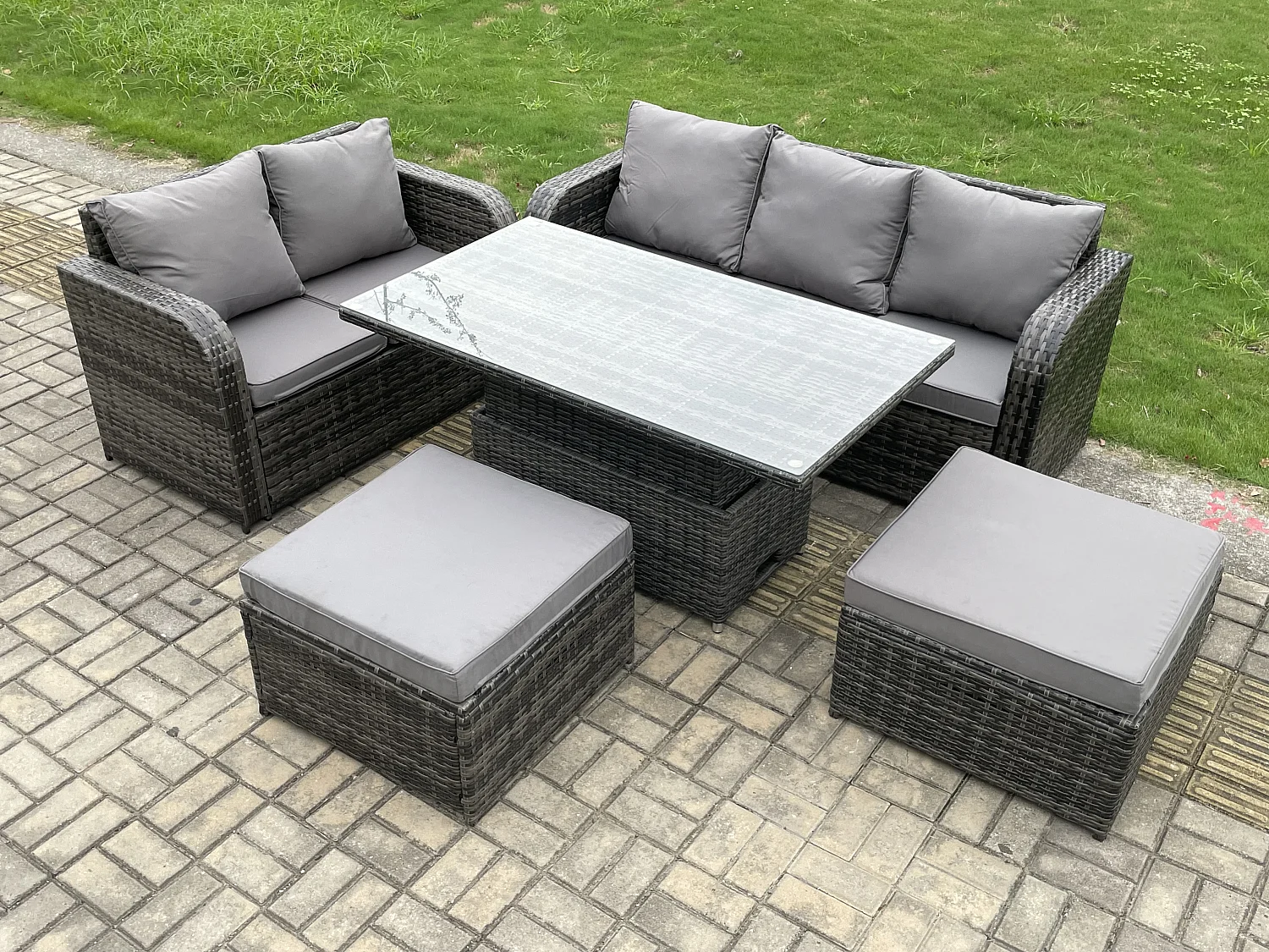 Fimous Outdoor Rattan Garden Furniture Sets Height Adjustable Rising lifting Dining Table Lounge Sofa Set With 2 Big Footstool Dark Grey Mixed