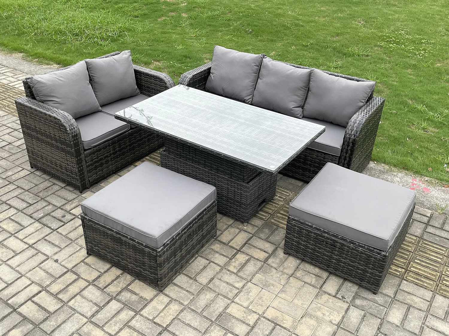 Fimous Outdoor Rattan Garden Furniture Sets Height Adjustable Rising lifting Dining Table Lounge Sofa Set With 2 Big Footstool Dark Grey Mixed