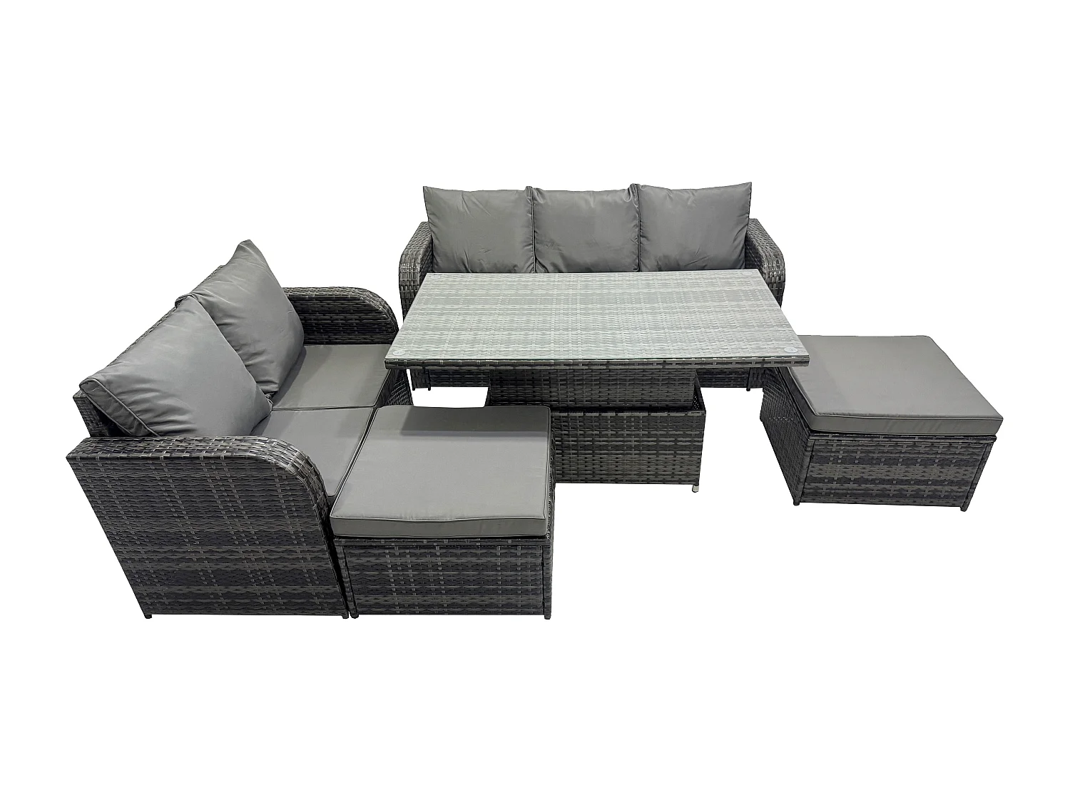 Fimous Outdoor Rattan Garden Furniture Sets Height Adjustable Rising lifting Dining Table Lounge Sofa Set With 2 Big Footstool Dark Grey Mixed